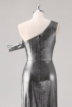 Silver Black Sheath One Shoulder Metallic Formal Dress with Slit
