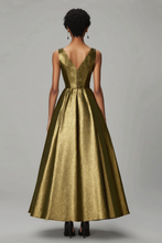Sparkly Dark Gold A-Line V Neck Ruched Ankle Length Formal Dress