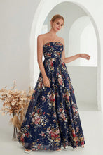 Printed Floral Navy Strapless A Line Long Formal Dress