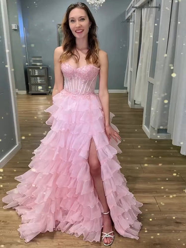Pink Strapless Tiered Ruffles Lace Appliqués Corset Prom Dress with Slit