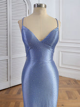 Blue Mermaid Spaghetti Straps V-Neck Rhinestone Prom Dress