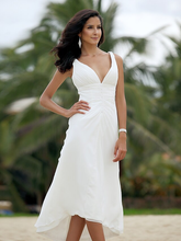 A-Line Wedding Dresses V Neck Asymmetrical Chiffon Spaghetti Strap Formal Casual Backless with Ruched
