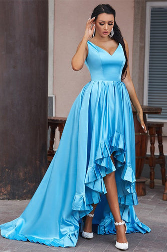 Hi-Lo Sapphire Serenity V-Neck Sleeveless A-Line Evening Gown