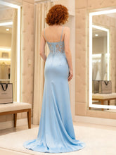 Light Blue Satin Spaghetti Strap Lace Corset Prom Dress with High Slit