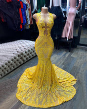 Yellow Long V-neck Sleeveless Sequins Lace Mermaid Prom Dress