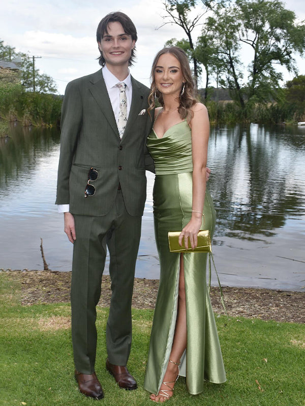 Sage Green Mermaid Cowl Neck Satin Fitted Prom Formal Dress with Slit