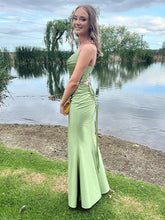 Sage Green Mermaid Cowl Neck Satin Fitted Prom Formal Dress with Slit