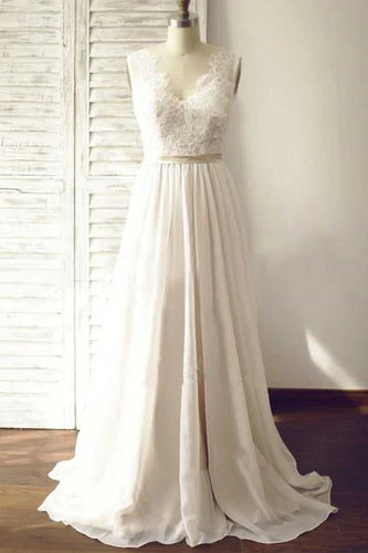 A-line V-neck Open Back Sleeveless Lace Wedding Dress with Sweep Train