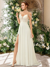 A-Line Wedding Dresses Sweetheart Neckline Spaghetti Strap  Chiffon Lace Sleeveless Simple Sexy with Beading Appliques Split Front