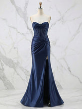 Glamorous Strapless Beaded Corset Satin Prom Dress with Slit