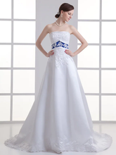 A-Line Wedding Dresses Strapless Court Train Lace Satin Strapless with Sashes  Ribbons Beading Appliques