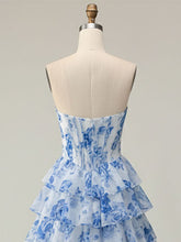 Blue Flower A Line Sweetheart Sequins Tiered Corset Long Prom Dress with Slit