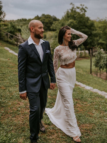 Simple Sexy Mermaid Lace Chiffon See-through Two-piece Evening Party Long Wedding Dresses, DB10694