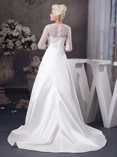A-Line Wedding Dresses Jewel Neck Court Train Satin Tulle  Length Sleeve Illusion Sleeve with Ruched