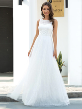 A-Line Wedding Dresses Jewel Neck Floor Length Lace Tulle Sleeveless Country Casual