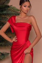 Red One-Shoulder Strapless Mermaid Prom Dress with Front Slit
