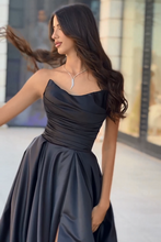 Elegant Black Long A-line Sleeveless Strapless Prom Dress with Slit