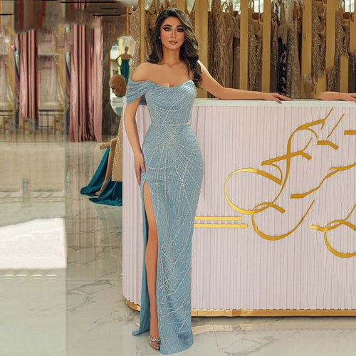 Elegant Sexy Light Blue Mermaid Evening Dresses 2025 One Shoulder High Split Party Prom Gowns Custom Made