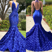 Royal Blue V-Neck Mermaid Prom Dress with Halter Neckline and Open Back