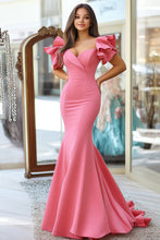 Pink Mermaid V-Neck Ruffled Sleeves Satin Long Prom Dress