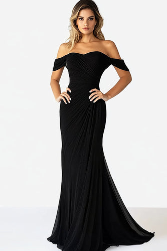 Off the Shoulder Black Mermaid Chiffon Long Prom Dress