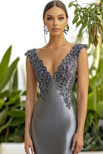 Sheath Dark Grey V-Neck Long Formal Dress with Lace