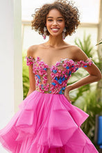 Off the Shoulder Floral Fuchsia Tiered Long Formal Dress