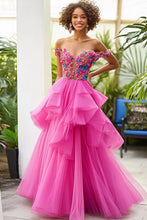 Off the Shoulder Floral Fuchsia Tiered Long Formal Dress
