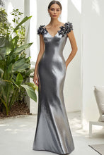 V-Neck Long Dark Grey Sheath Formal Dress with 3D Flowers