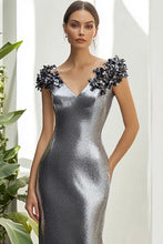 V-Neck Long Dark Grey Sheath Formal Dress with 3D Flowers