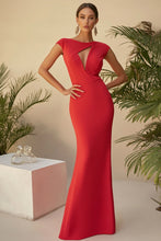 Sheath Long Scoop Red Formal Dress with Cap Sleeves