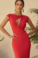 Sheath Long Scoop Red Formal Dress with Cap Sleeves