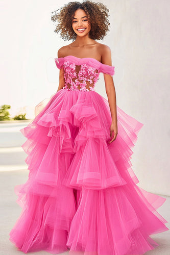 Ruffled Fuchsia Ball Gown Long Formal Dress with Flowers
