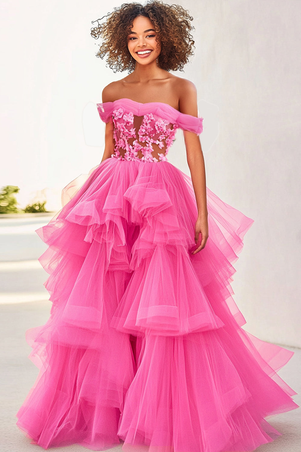 Ruffled Fuchsia Ball Gown Long Formal Dress with Flowers – Anna PromDress