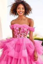 Ruffled Fuchsia Ball Gown Long Formal Dress with Flowers
