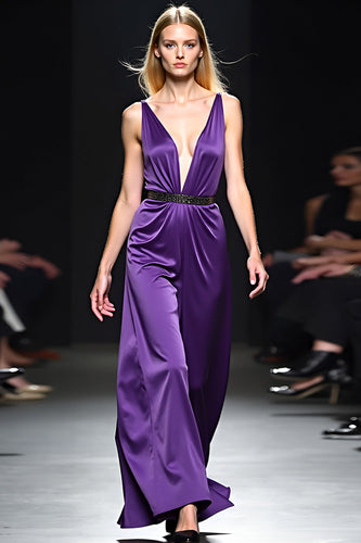 Satin Dark Purple V-Neck Long Gala Dress