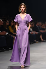 Purple V-Neck A Line Long Wedding Guest Dress with Short Sleeves