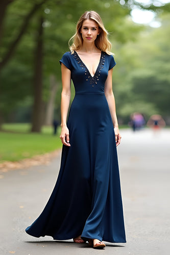 A Line Navy V-Neck Long Mother Of Bride Dress with Cap Sleeves