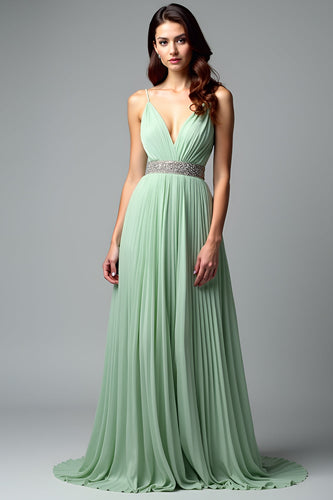 Backless Light Green A Line Long Wedding Guest Dress with Pleated