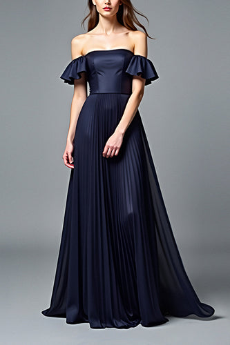 Off the Shoulder Pleated Navy A Line Formal Dress with Ruffles
