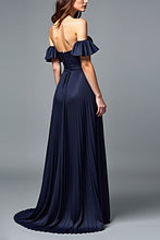 Off the Shoulder Pleated Navy A Line Formal Dress with Ruffles