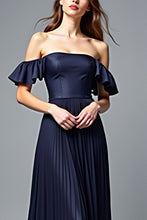Off the Shoulder Pleated Navy A Line Formal Dress with Ruffles