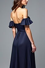 Off the Shoulder Pleated Navy A Line Formal Dress with Ruffles