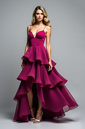 Tiered Asymmetrical Dark Purple V-Neck Formal Dress
