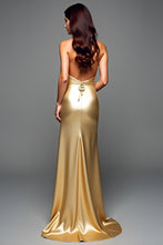 Golden Halter Sheath Long Wedding Guest Dress with Slit