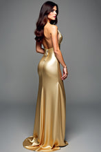Golden Halter Sheath Long Wedding Guest Dress with Slit