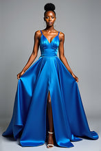Long Satin Royal Blue V-Neck Formal Dress with Slit