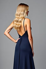 Long Ruched Navy V-Neck Formal Dress with Slit