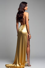 Halter Long Golden V-Neck Formal Dress with Slit