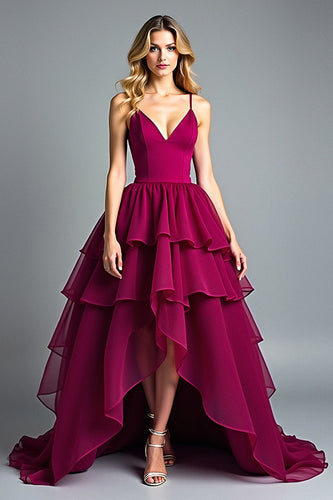 Tiered Asymmetrical Chiffon Burgundy A Line Formal Dress